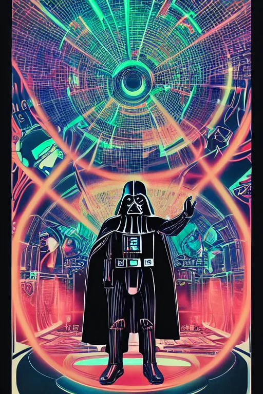 Image similar to darth vader dj standing on a giant science fiction neon turntable at a astronaut rave, anti gravity, digital art, winning award masterpiece, fantastically beautiful, intricate, illustration, dan mumford, geof darrow, moebius, artgerm, alphonse mucha, roger dean,, 8 k