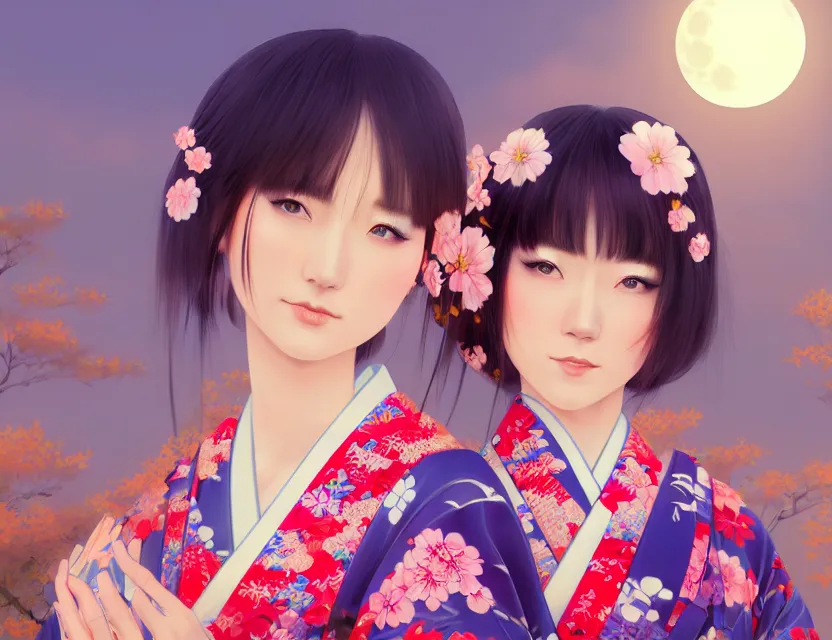 Image similar to two beautiful charming japan girls wear arty kimono in festival | | sunny night, full moon, dreamlike art, realistic shaded, smile, good looking, hyper details, 4 k realistic, cryengine, realistic shaded lighting poster by ilya kuvshinov, fuji choko, ross tran, 8 k resolution, trending on artstation, luxury