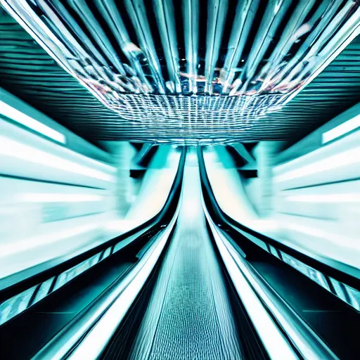 Image similar to approaching futuristic escalator inside white back glossy lit tube with streaming beams of light, building anticipation, scintillating, movement, pastel gradients, 8 k, highly detailed, professional photograph, epic composition, modern details