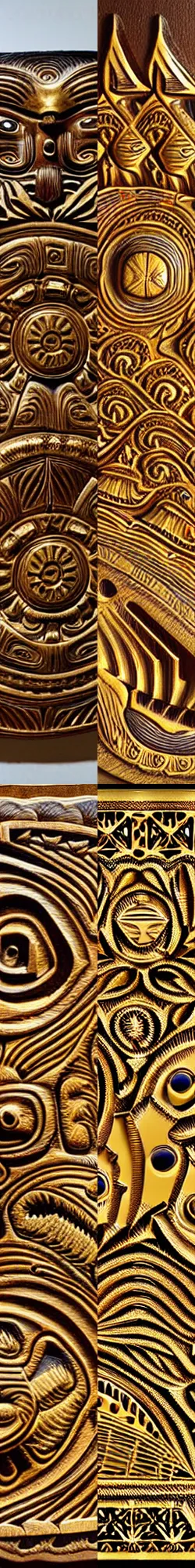 Prompt: golden wood carved in relief, gold color with aboriginal motifs of northern Patagonia, animals and nature of the patagonian aboriginal by miguel ange z