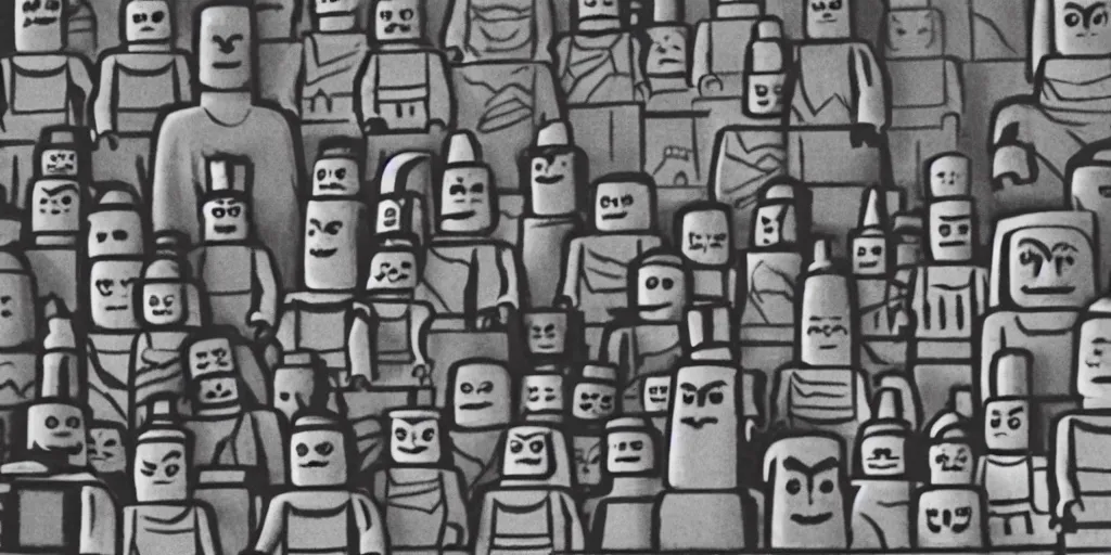 Image similar to charcoal drawing of lego minifigures as easter island heads