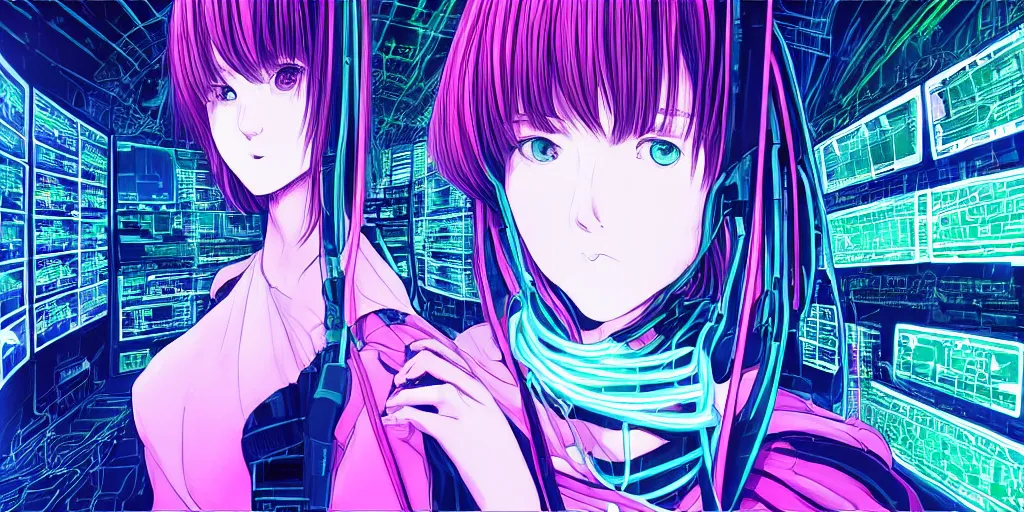 Prompt: “Wide low angle portrait of beautiful woman in silk poncho, backgrouns - big and structured control base with sci-fi futuristic monitor computers strong green glow. Blue and pink colors Mainframe full of cables on the background. Manga BLAME! by Tsutomu Nihei, 2002 year”