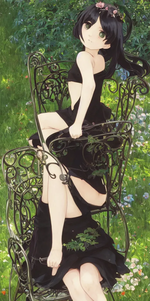 Image similar to a loli with long hair in a black dress sitting on a metal garden chair in the privet garden at afternoon, green and warm theme, back lighting, highly detailed, by krenz cushart and mucha and akihito yoshida and greg rutkowski and makoto shinkai and studio ghibli, detailed eyes, 4 k resolution, trending on art station