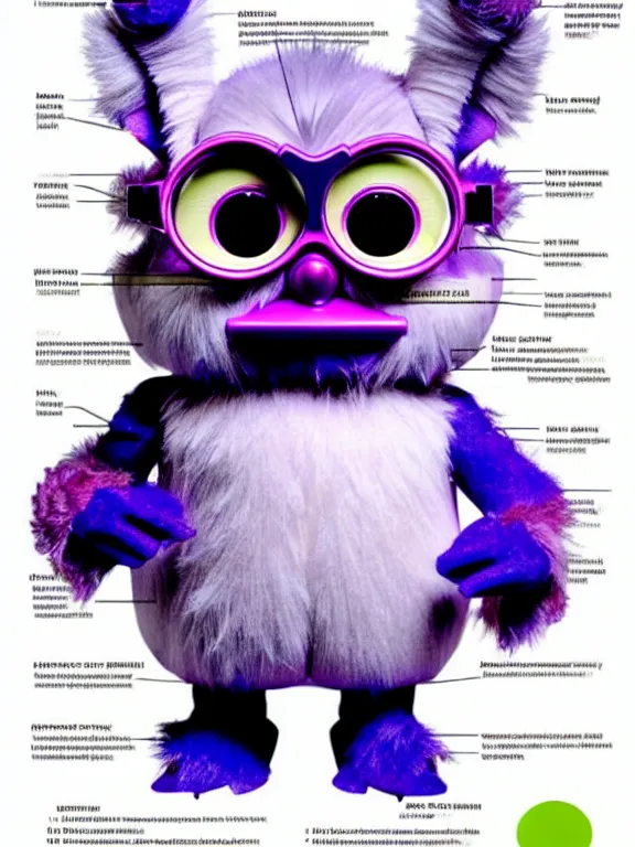 Prompt: a detailed anatomical poster of a furby with labels and magnification details