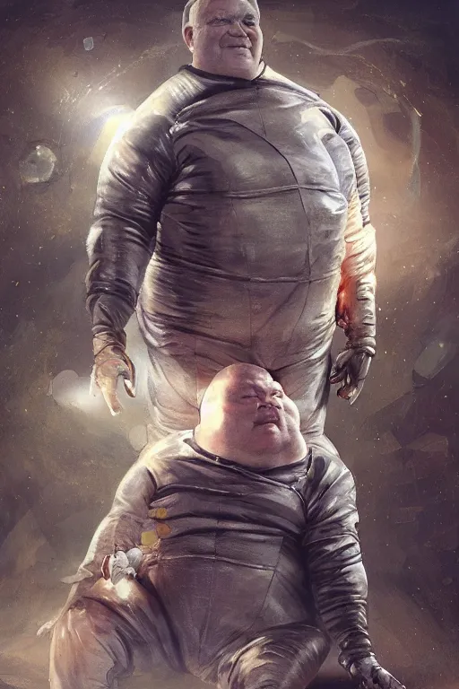 Prompt: joe egan as baron harkonnen wearing a leather spacesuit and floating in the air by normal rockwell, artstation concept character art