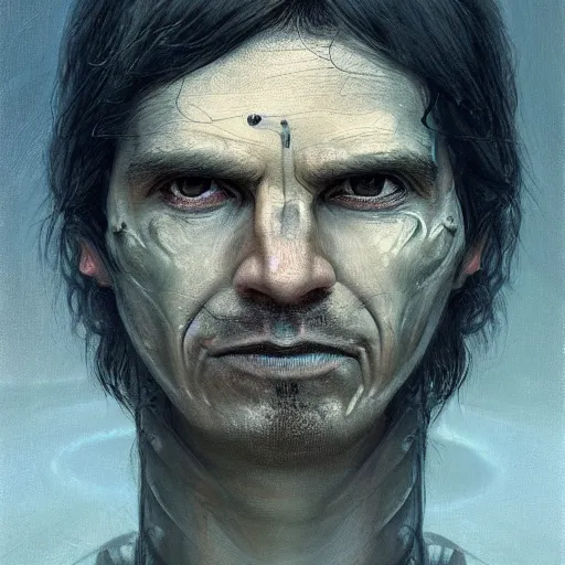 Image similar to surreal portrait of a man by Greg Rutkowski and H.R Giger, he is about 30 years old, messy long black hair, tired appearance, roman nose, peaceful but sad and resigned expression, martyred as a biomechanical transhuman cyborg god, eyes glow electric blue, cosmic void background, frightening, fascinating, highly detailed portrait, digital painting, book cover, artstation, concept art, smooth, sharp foccus ilustration, Artstation HQ.