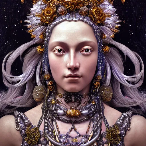 Image similar to baroque closeup renaissance portrait of a beautiful moon goddess with stars in her hair, reflective detailed textures, glittering silver ornaments, dark fantasy science fiction painting by diego rivera and jean delville and ruan jia and nicholas roerich and annie swynnerton, dramatic lighting, gleaming silver and rich colors, floral tattoos, artstation, octane render