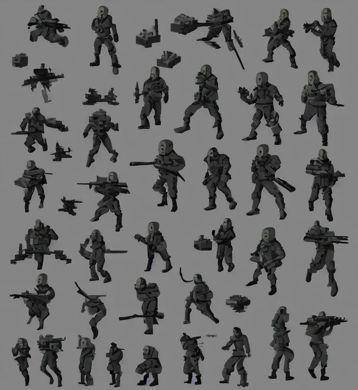 Prompt: monochromatic color scheme!! game asset of military exploration of shapes and forms, pixel art, in the style of richard schmidbauer, autumn rain turkel, vijay jayant props, stylized, 2 d sprites, kitbash, action poses, medical anatomy, call of duty, battlefield, gears of war, artstation, pinterest, deviantart