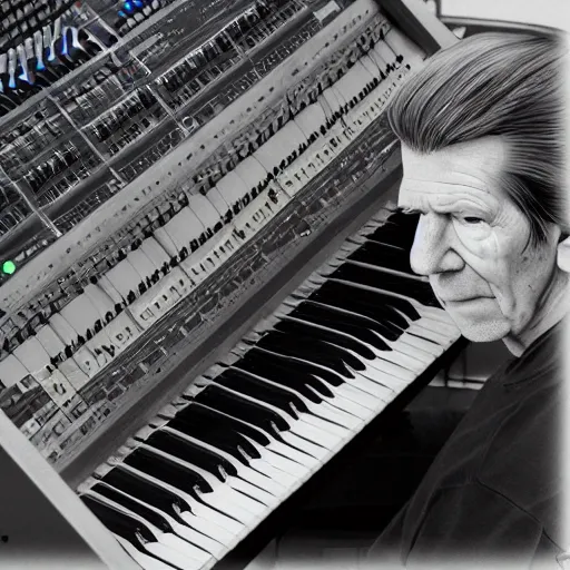 Image similar to photo of john cage playing modular synthesizer in the style of stefan kostic, realistic, half body shot, sharp focus, 4 k high definition, insanely detailed, intricate, elegant, art by stanley lau and artgerm