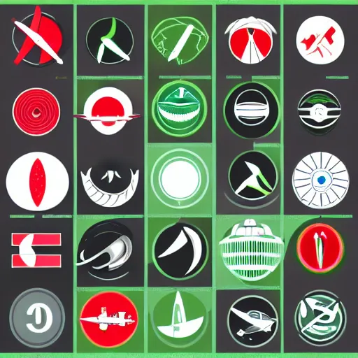 Image similar to isotype chart showing icons representing aerospace and profits over the past 50 years, mostly black and white with elements of kelly green, red, in the style of Nigel Holmes