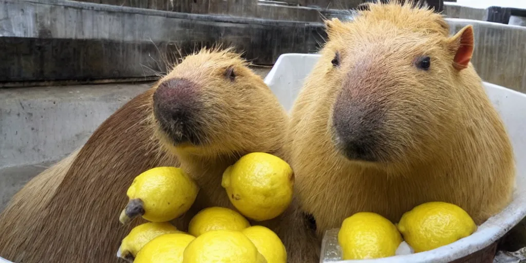 Image similar to capybara eating lemons, sitting in a tub of lemons, happy capybara