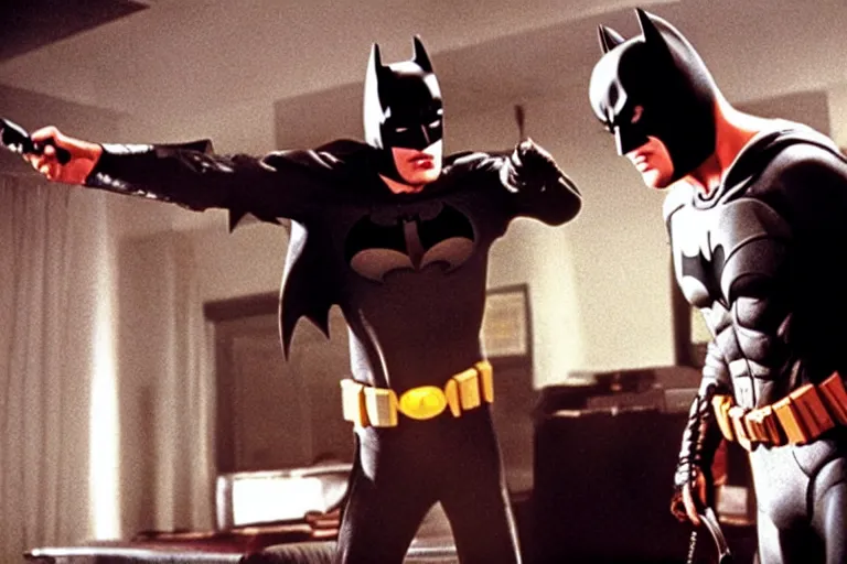 Prompt: film still of batman in pulp fiction.