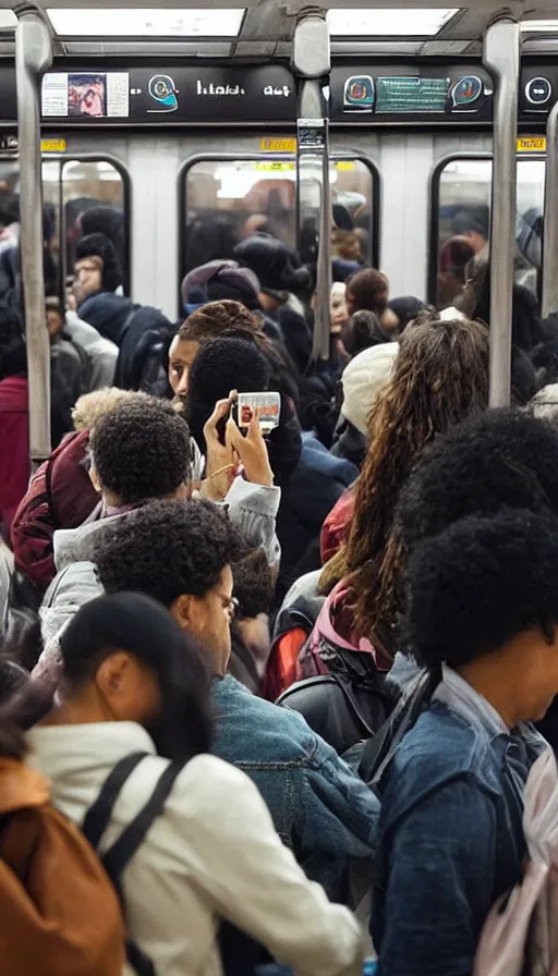 Prompt: “commuters looking at their cellphones on subway”