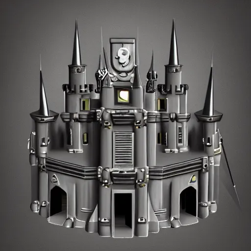 Image similar to metal modern castle with rocket launchers, highly detailed, 4k, HDR, smooth, sharp focus, hyper realistic, high resolution