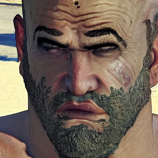 Image similar to close up portrait of drunken hercules in gta v