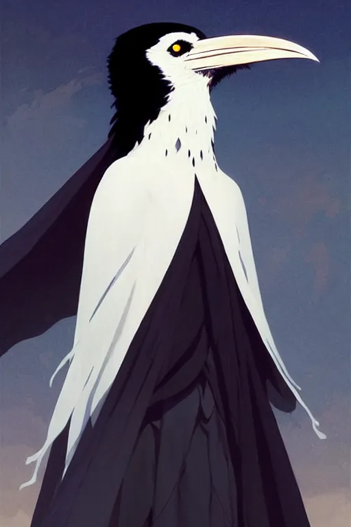 Image similar to raven headed warlock doing magic spells wind, white robes, finely detailed perfect face, exquisite details, mid view, design on a white background, by studio muti, greg rutkowski makoto shinkai takashi takeuchi studio ghibli