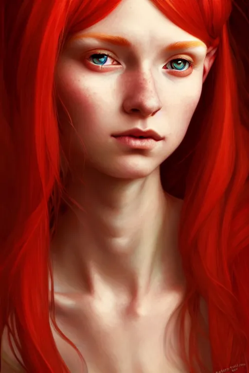 Image similar to portrait of a red - haired elf, golden ratio rule, highly detailed, digital painting, artstation, sharp focus, illustration, art by tan zi and ayanamikodon and alphonse mucha and wlop