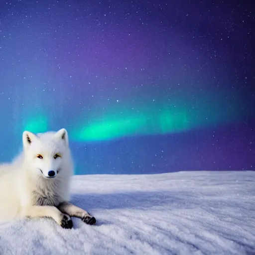 Prompt: white background, snow blanket, arctic fox sitting down, side view, fully body, fox looking up, fox enjoying the sun, matte painting, aurora borealis, snow storm, snowflakes falling