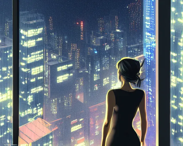 Prompt: back of young woman wearing a stylish black minidress looking through a penthouse window at a panoramic view of a cyberpunk city at night, dark sky, bokeh lights, anime, ilya kuvshinov, guweiz, artstation trending, concept art, digital painting, cinematic, extreme detail, expansive