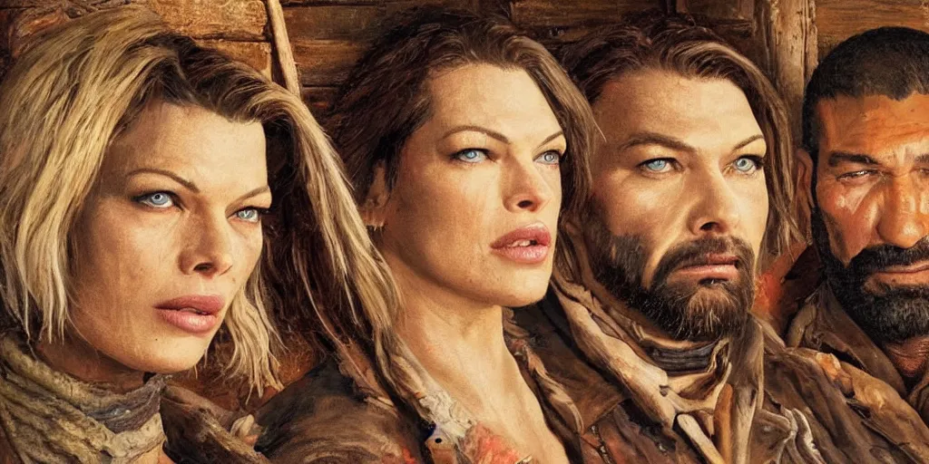 Prompt: oil painting medium close up of Mila Jovovich and Dave Bautista in the old west in a rustic cabin on the prairie