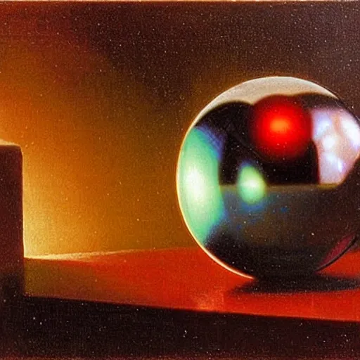 Prompt: chrome spheres on a red cube by albert bierstadt