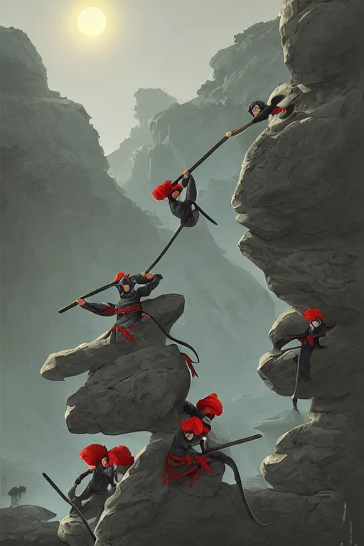 Prompt: trowing rock to ninjas, ilustrator by tafy laplanche and bo feng lin