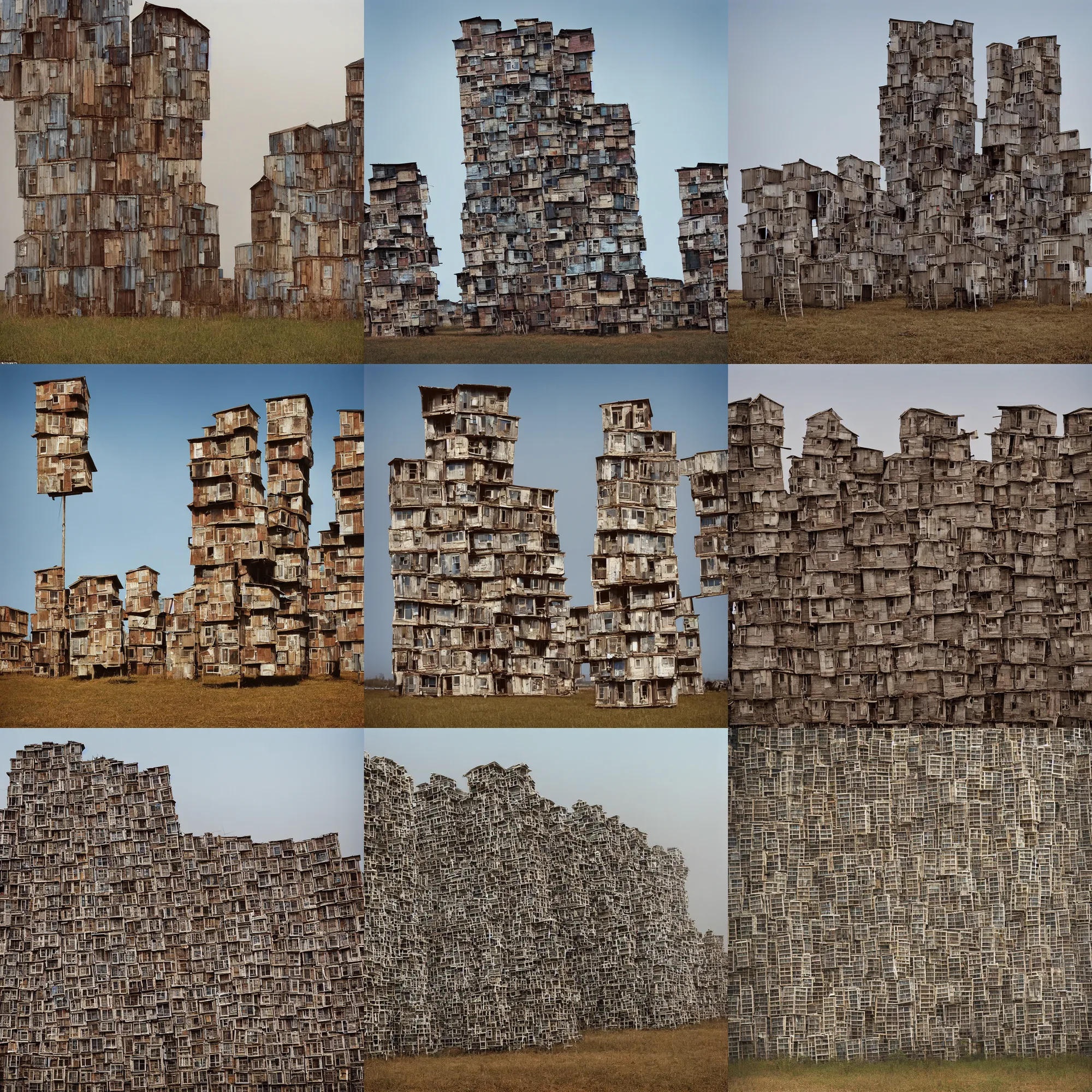 Prompt: close - up view of high towers, made up of stacked makeshift squatter shacks with faded colours, plain uniform sky at the back, misty, mamiya, ultra sharp, very detailed, photographed by julie blackmon