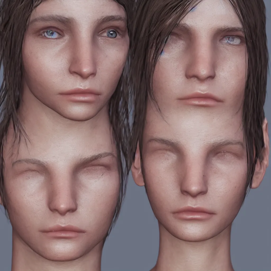 Image similar to glistering sweaty skin face fashion model unreal engine