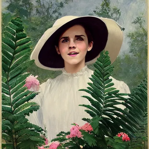 Image similar to thick paint brush strokes full body fashion model smiling squinting emma watson by Jeremy Lipking by Hasui Kawase by Richard Schmid (((smokey eyes makeup eye shadow fantasy, glow, shimmer as victorian woman in a long white frilly lace dress and a large white hat having tea in a sunroom filled with flowers, roses and lush fern flowers ,intricate, night, highly detailed, dramatic lighting))) , high quality