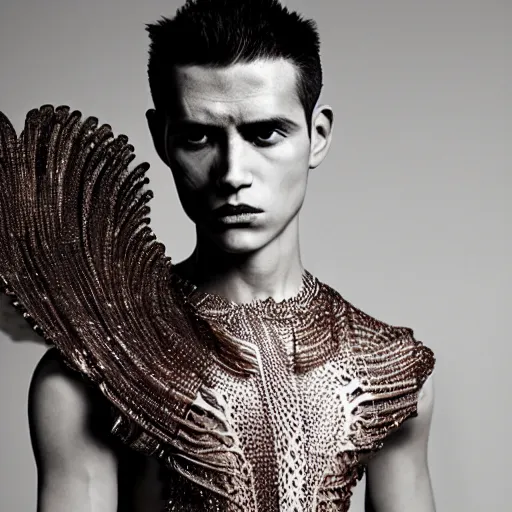 Prompt: a beautiful young mexican male wearing iris van herpen couture, photographed by erwin olaf