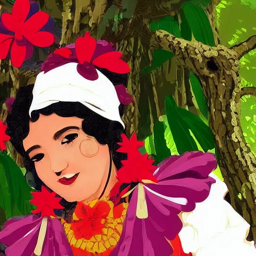 Image similar to a petros afshar of reimu in the jungle wearing bonnet