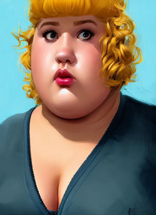 Image similar to full body portrait, teenage betty cooper, blonde hair, obese, bangs, ponytail, sultry, realistic, sultry smirk, fluffy bangs, curly bangs, fat, belly, beautiful girl, intricate, elegant, highly detailed, digital painting, artstation, concept art, smooth, sharp focus, illustration, art by wlop, mars ravelo and greg rutkowski