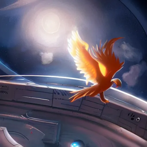 Prompt: a baby phoenix on the deck of a starship in space, artstation, cgsociety