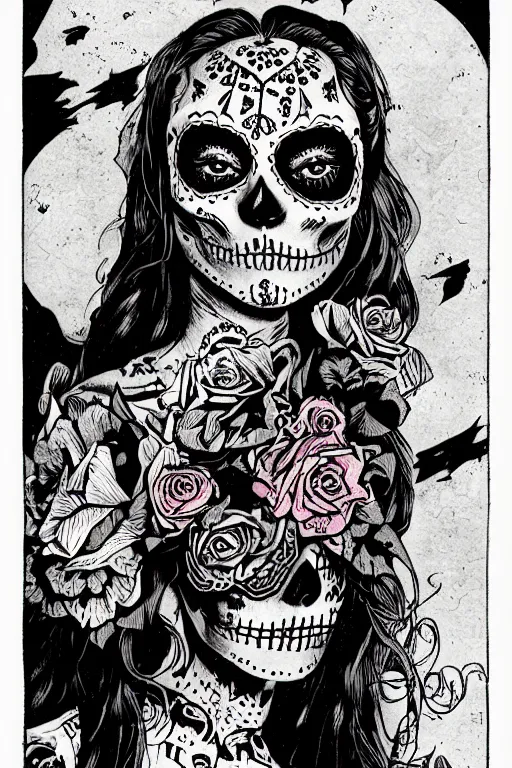 Prompt: illustration of a sugar skull day of the dead girl, art by richard corben