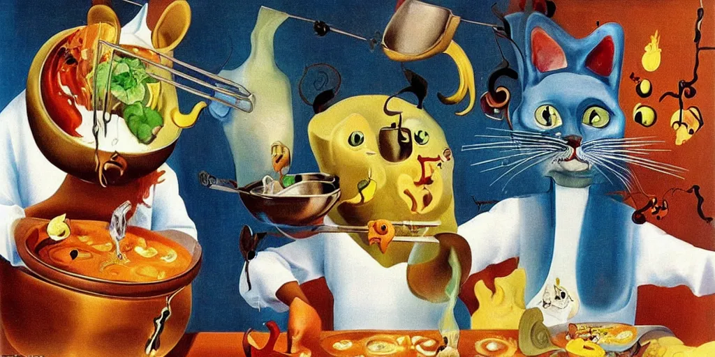 Image similar to anthropomorphic cat chef cooking a delicious colorful soup, by Salvador Dali