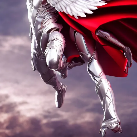 Image similar to cinematic full body shot of a male angel flying, white metallic armor, red cape, elegant pose, detailed arms, detailed white armor, two arms, two legs, detailed fanart, macro art, realistic digital art, DeviantArt, artstation, 3D realistic, 8k HD, octane render