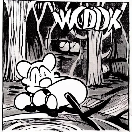 Prompt: nintendo kirby sitting in whispy woods darwyn cooke, bernie wrightson, guido crepax, will eisner, alex toth, bill ward, bob clampett, matte painting concept art