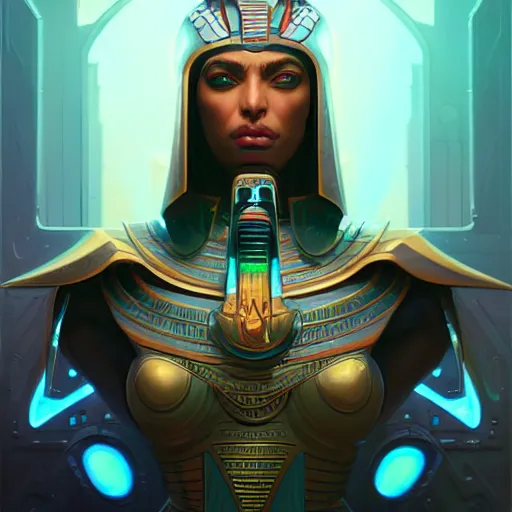 Prompt: a portrait of a cybernetic egyptian king, cyberpunk concept art by pete mohrbacher and wlop and artgerm and josan gonzales, digital art, highly detailed, intricate, sci-fi, sharp focus, Trending on Artstation HQ, deviantart, unreal engine 5, 4K UHD image