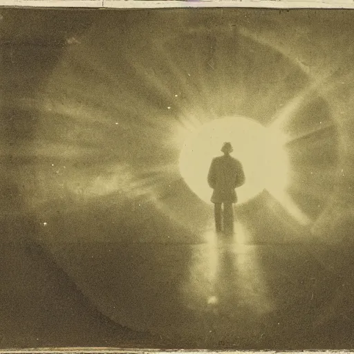 Image similar to 1820's photo from distance of a man opening a portal to another dimension at night, moody, dark, damage