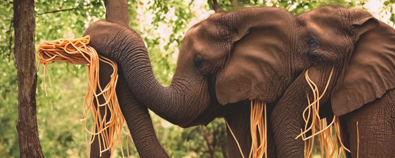 Image similar to an elephant eating spaghetti off a tree, in the style of national geographic, canon 5 0 mm, kodachrome, retro, muted