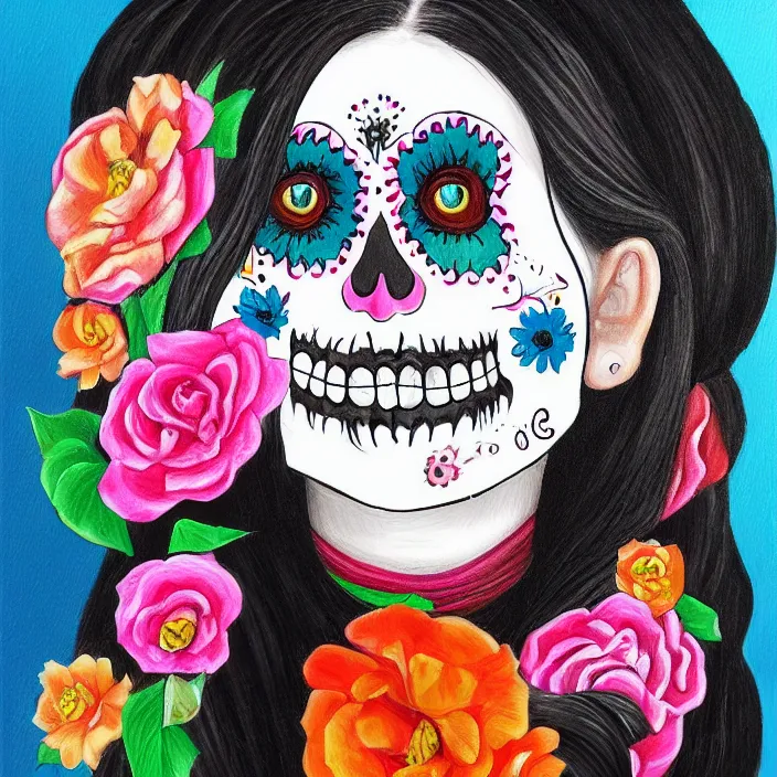 Prompt: a smiling girl with long black hair, her paint painted as dia de los muertos, by alozuniga. with the style of arcane ( 2 0 2 1 ). digital draw, digital art, trending on instagram, digital painting.