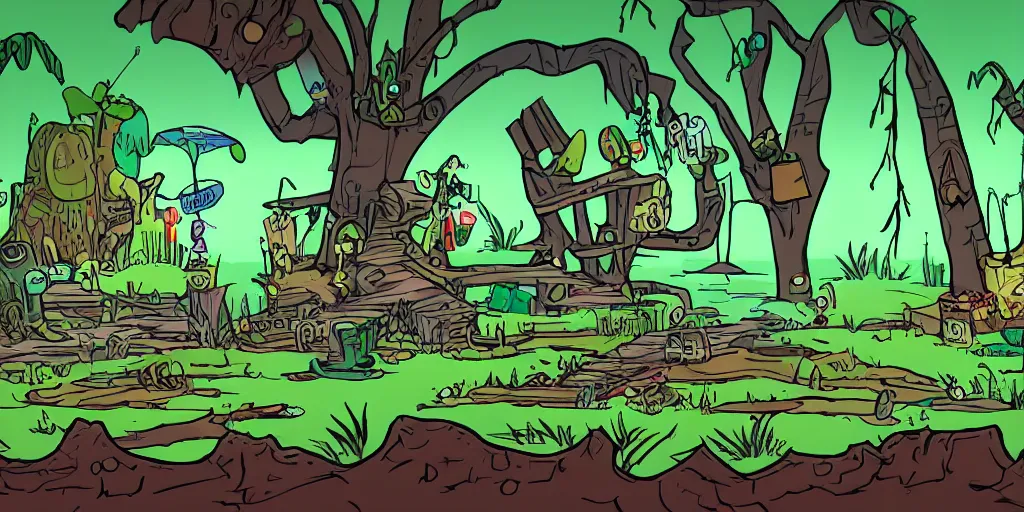 Prompt: a cartoon scene of a swampy area with a sign that says keep out, concept art by Rube Goldberg, deviantart contest winner, underground comix, 2d game art, concept art, playstation 5 screenshot
