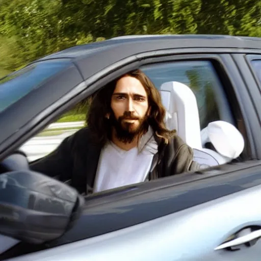 Image similar to jesus driving a car