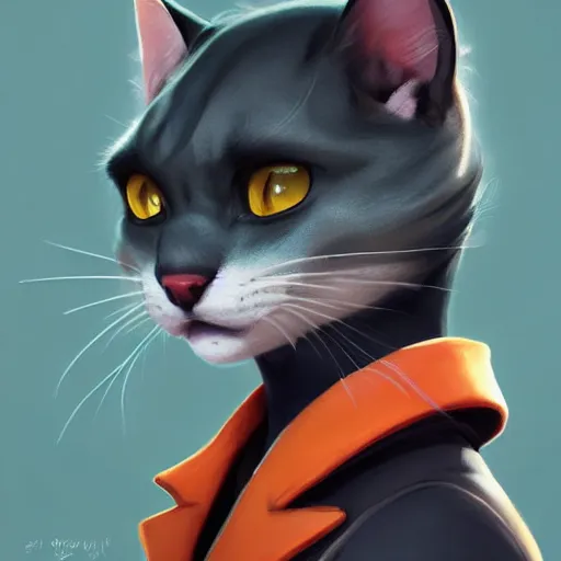 Image similar to Portrait painting an anthropomorphic gray cat wearing a jacket and a collar, as an Overwatch character, medium shot, asymmetrical, profile picture, Organic Painting, sunny day, Matte Painting, bold shapes, hard edges, street art, trending on artstation, by Huang Guangjian and Gil Elvgren and Sachin Teng