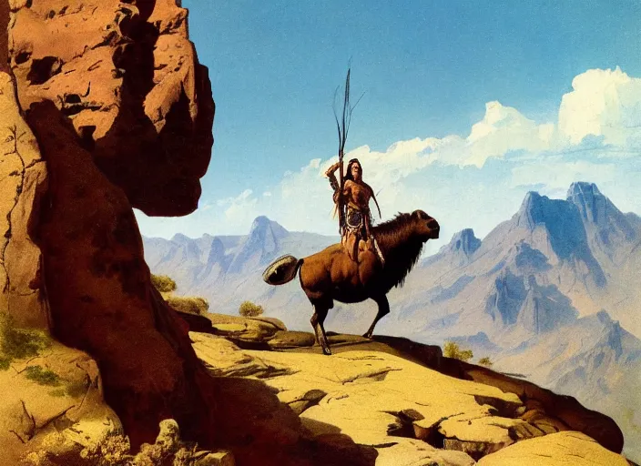 Image similar to native american riding bison, buffalo, native american warrior, mountain range, beautiful sky, standing on the edge of a cliff, 1 9 th century, painted by frazetta