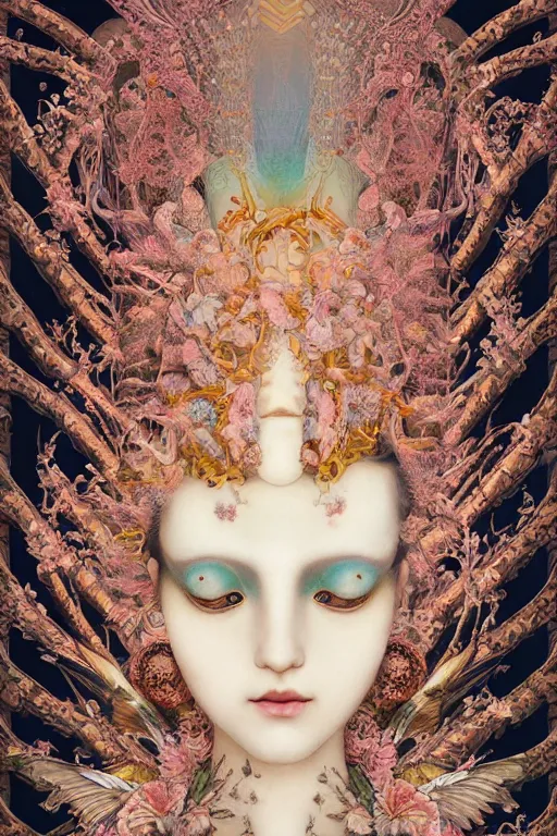 Prompt: portrait breathtaking detailed concept art painting art deco pattern of birds goddesses amalmation flowers head thibetan temple, by hsiao ron cheng, tetsuya ichida, bizarre compositions, tsutomu nihei, exquisite detail, extremely moody lighting, 8 k, art nouveau, old chines painting, art nouveau