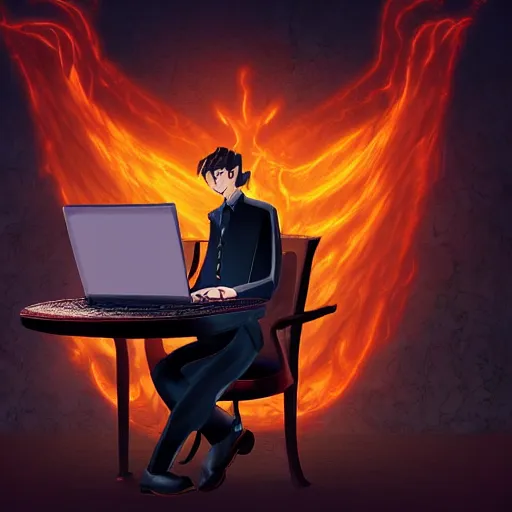 Prompt: a demon programmer gentleman ~ using a laptop ~ lava background ~ digital art ~ two horns ~ sitting on a chair ~, 4 k, ultra hd