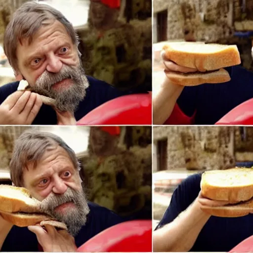 Image similar to Slavoj Zizek trying to eat a sandwich but it keeps disintegrating into both saliva and ideology before it gets to his mouth wearing a black t-shirt v-neck Dom Qwek igor wolski greg simpkins kirbi fagan alex heywood greg rutkowski john howe sergi brosa dave melvin sam nielson anthony sieben thomas duchek andree wallin adam adamowicz piotr kowalski bobby chiu jared nickerson jake souva marc sarmel goro fujita