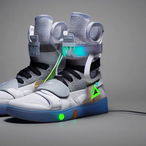 Image similar to a studio photoshoot of Nike Air Mag x Off-white sneakers designed by Virgil Abloh, leather and transparent knitted mesh material, glowing light outsole, realistic, color film photography by Tlyer Mitchell, 35 mm, Graflex