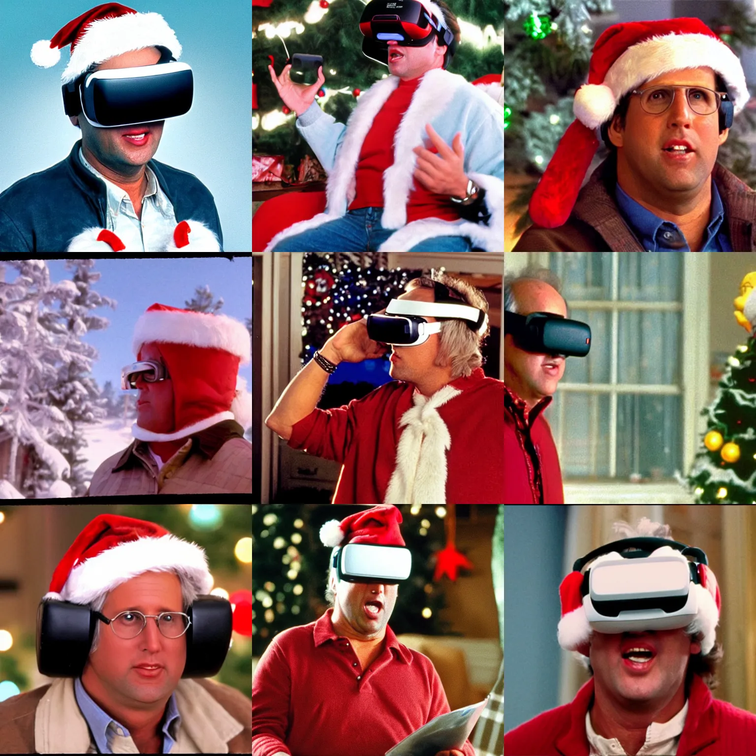 Prompt: chevy chase wearing a vr headset, still from national lampoon christmas vacation